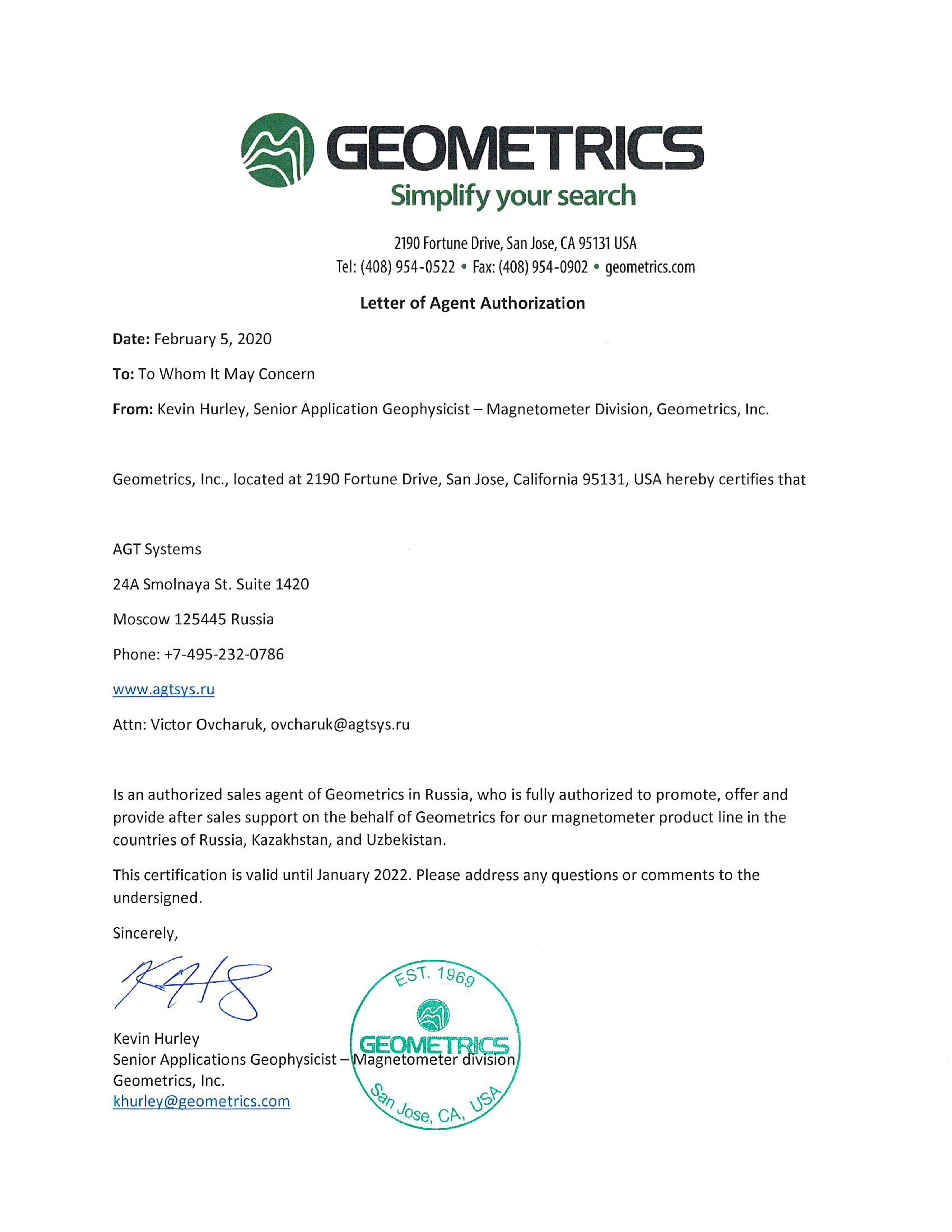 Letter of Authorization with GEOMETRICS